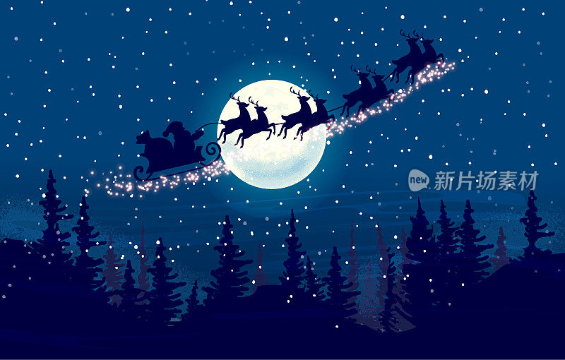 Santa is coming Silhouette Illustration of Flying Santa and Christmas Reindeer in moonlight winter sky with pine trees